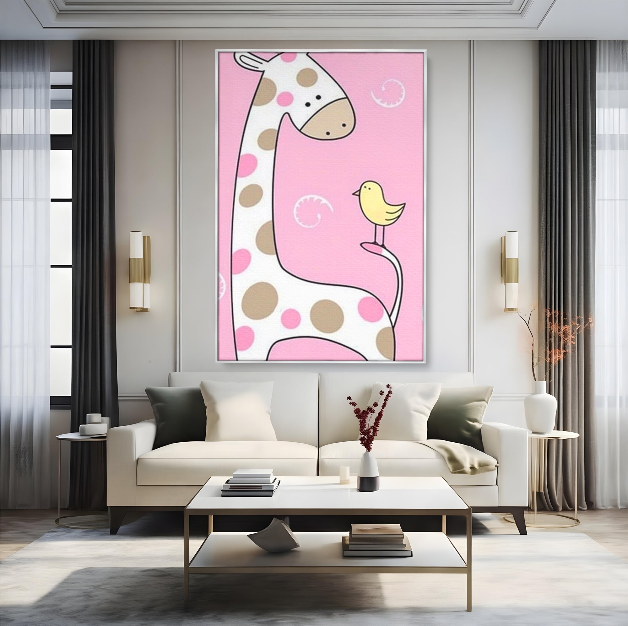 Tablou canvas cu ilustratie cu o girafa si o pasare, in rama de aluminiu argintiu, pe perete intr-un living